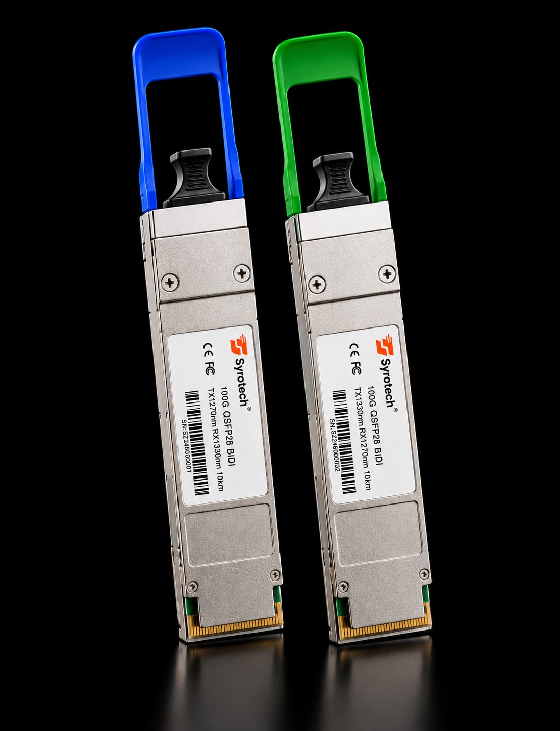 Pair of Syrotech 100G QSFP28 BIDI transceivers
