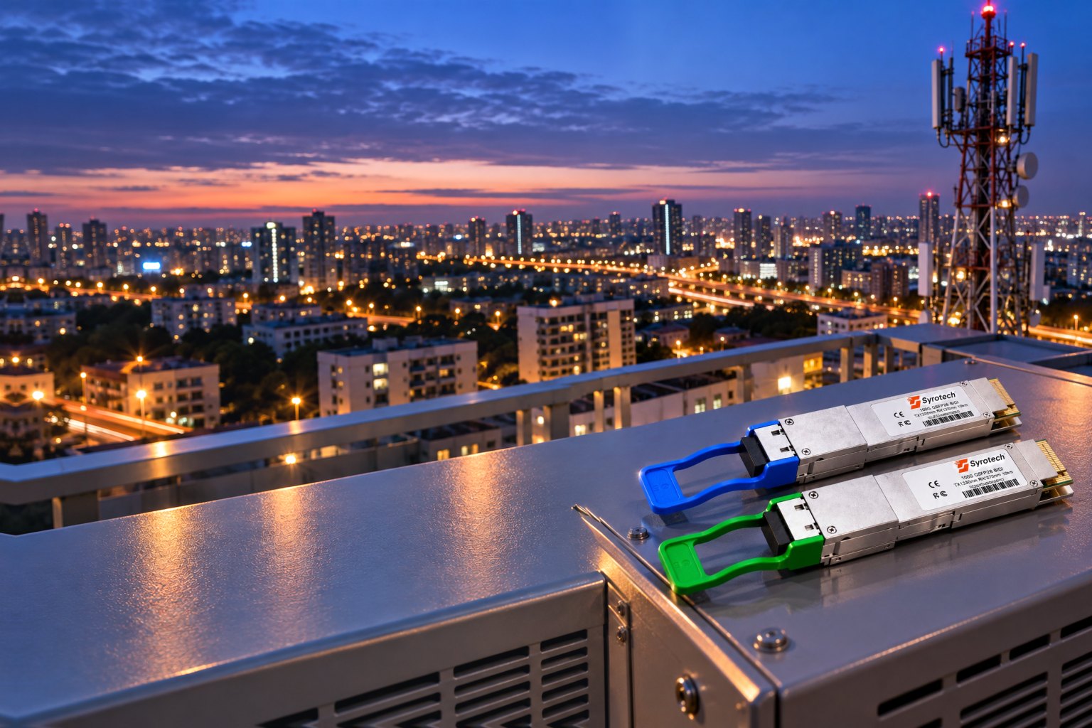 Syrotech 100G BIDI QSFP28 transceivers on a rooftop telecom cabinet at blue hour